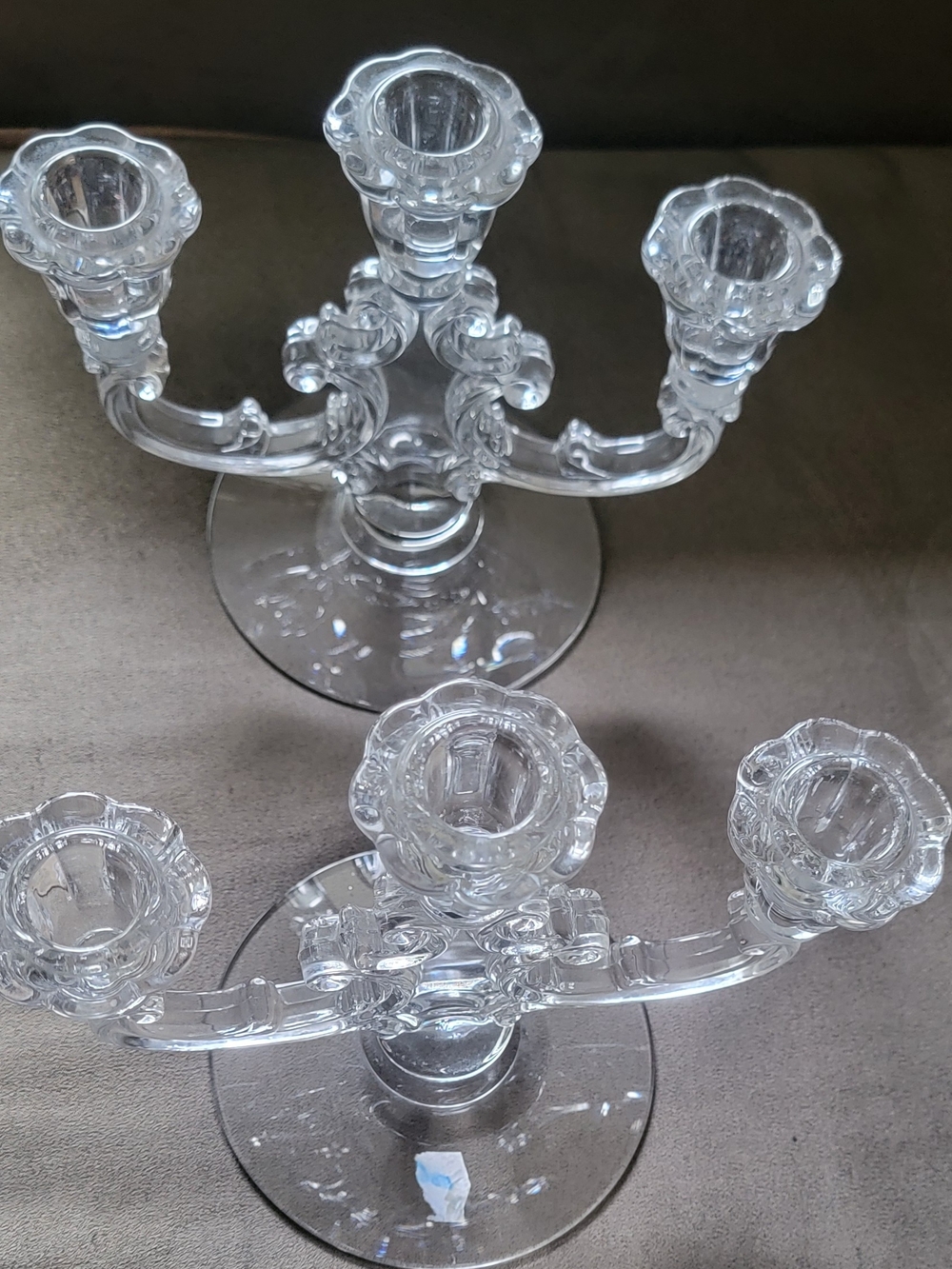 Set of Fostoria Navarre Tri Light Candlestick Holders, Vintage Triple Candelabra
